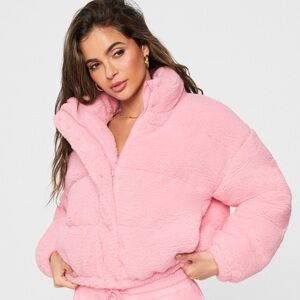 YITTY Pink Teddy Puffer Jacket Faux Shearling Puffer Jacket Cherry Blossom